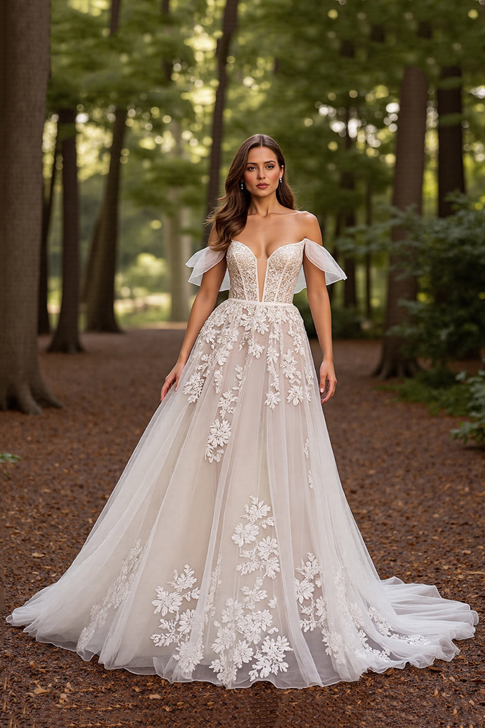 White Tulle Corset Sweep Train Floral Wedding Dress with Lace