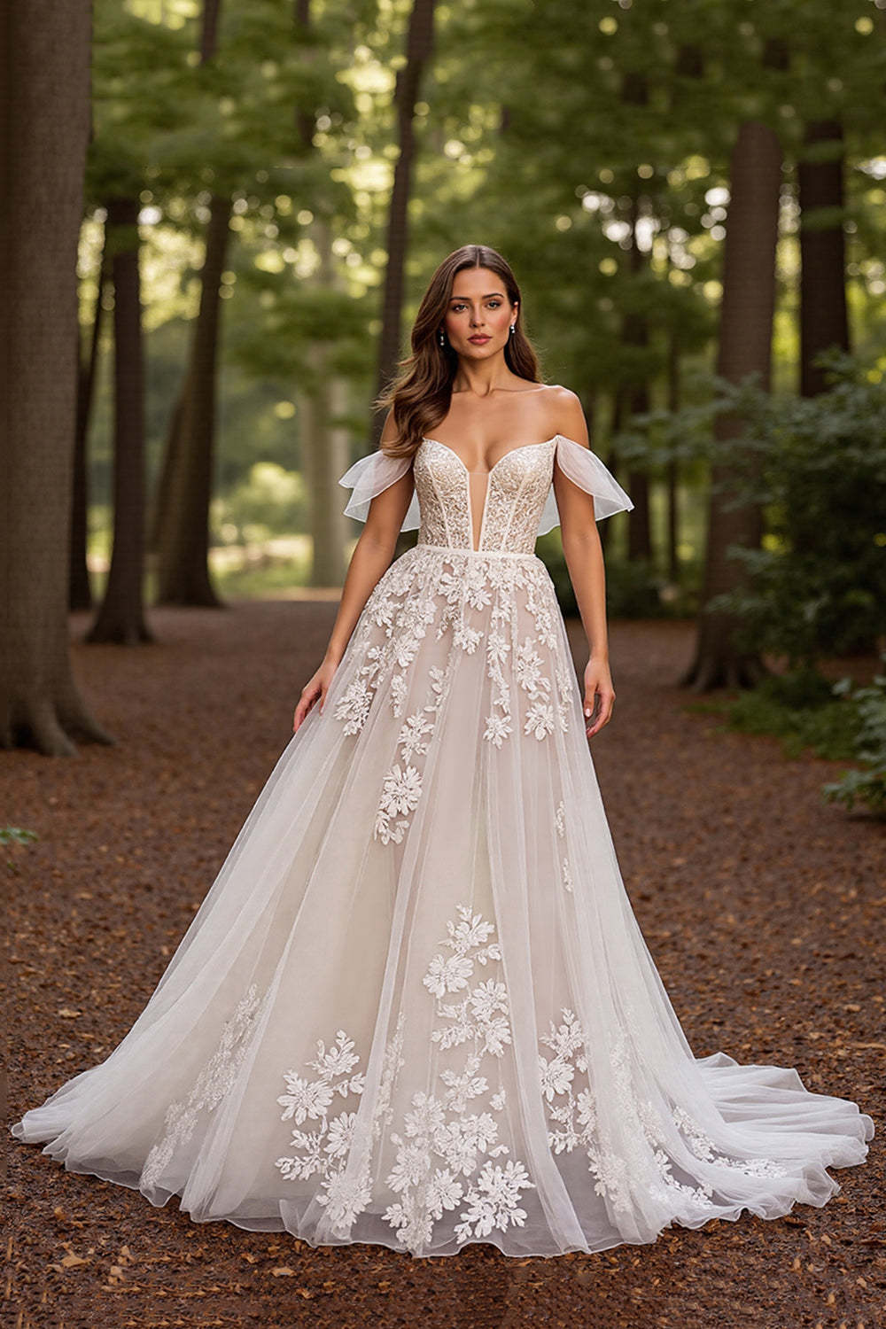 Leely Women White Floral Corset Maxi Wedding Dress Tulle A Line Off the Shoulder Bridal Dress with Lace