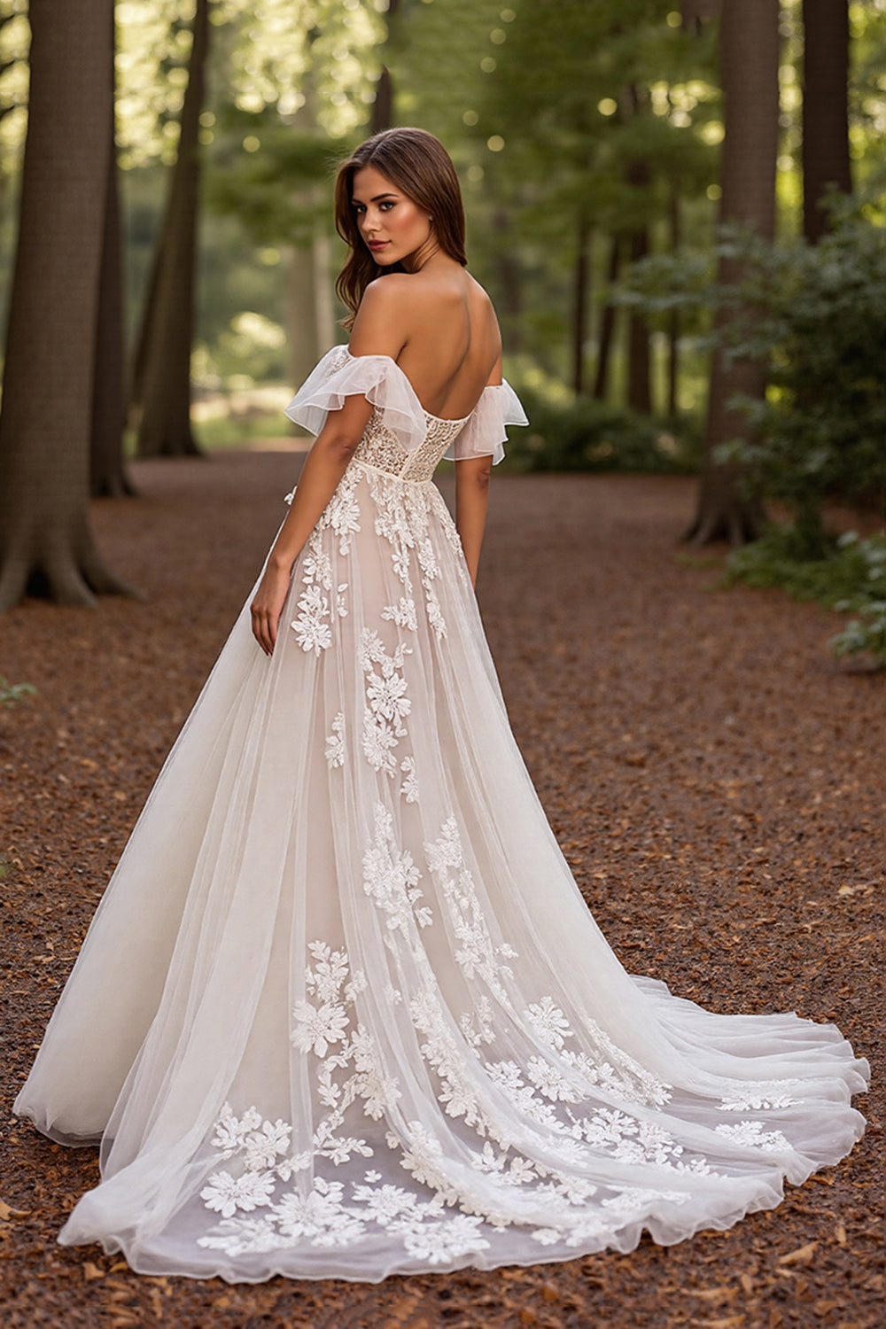 White Tulle Corset Sweep Train Floral Wedding Dress with Lace