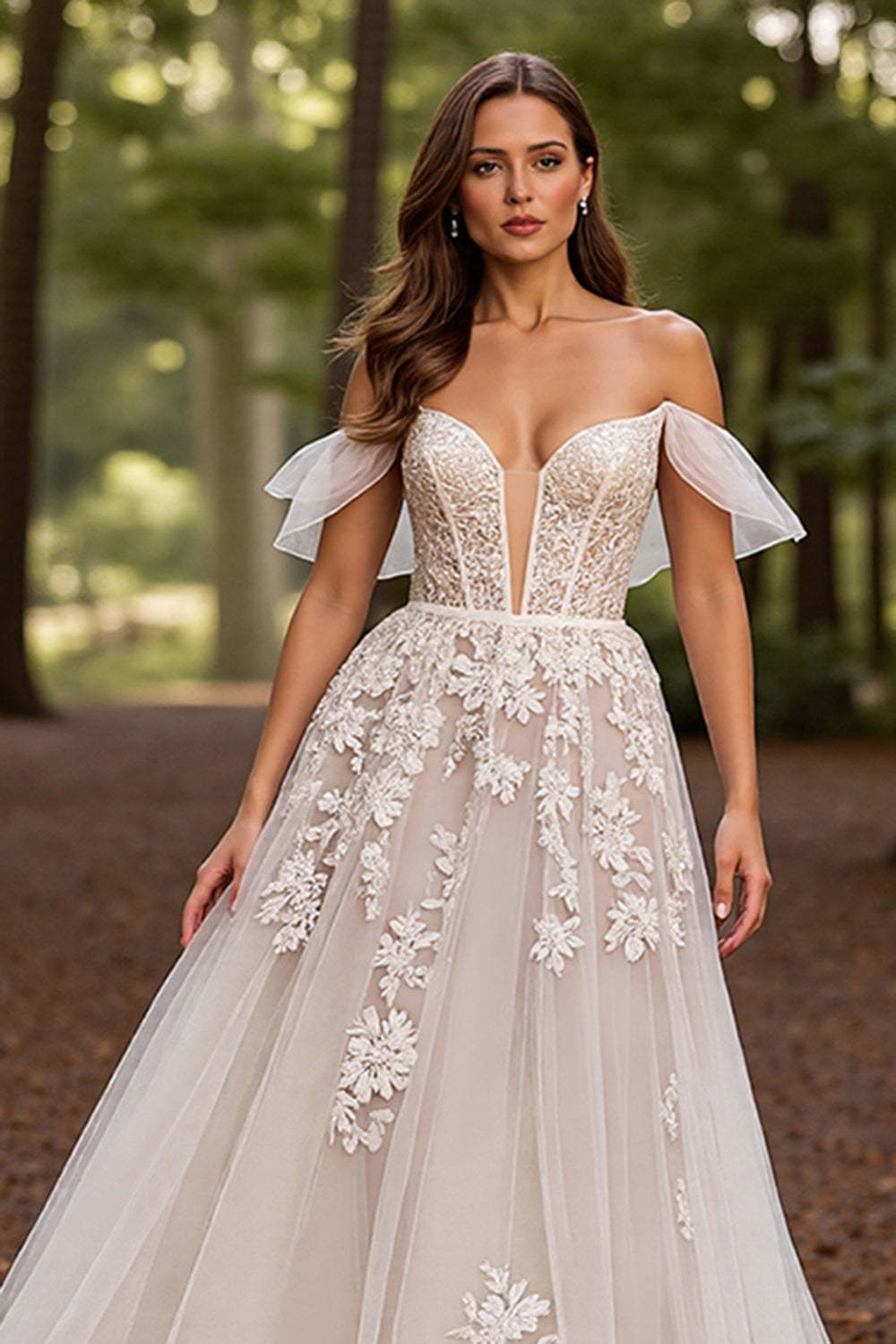 White Tulle Corset Sweep Train Floral Wedding Dress with Lace