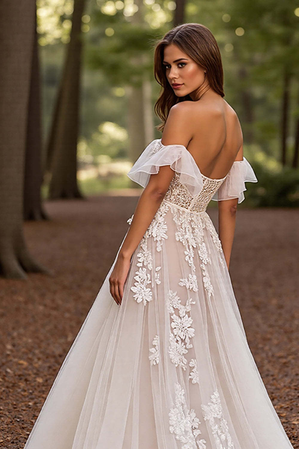 White Tulle Corset Sweep Train Floral Wedding Dress with Lace