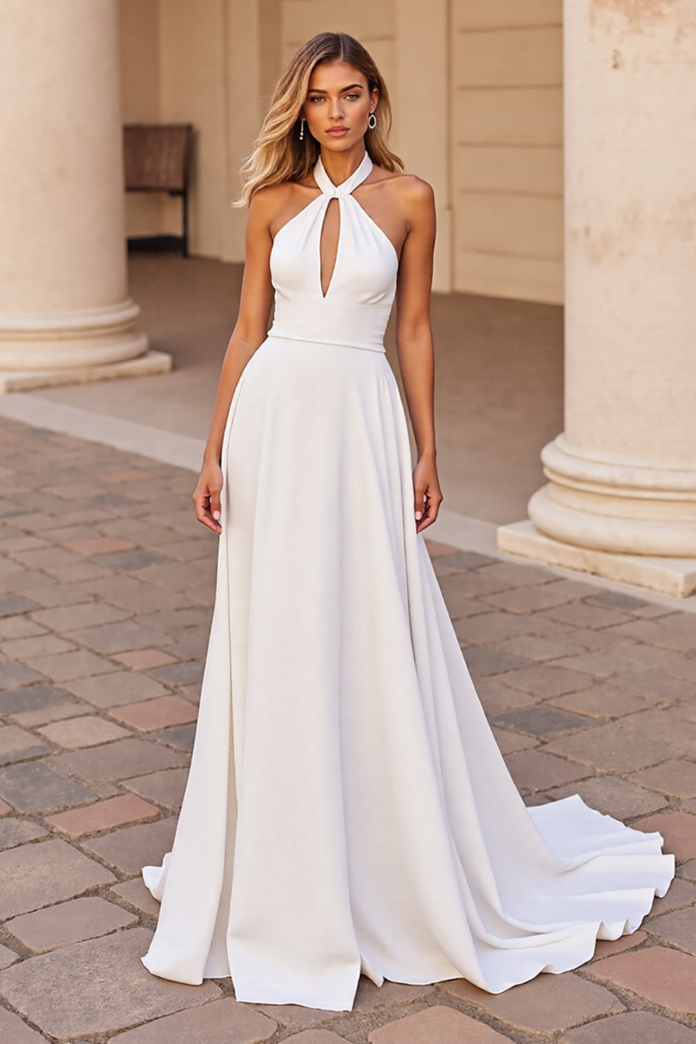 A Line Satin White Halter Keyhole Sweep Train Wedding Dress