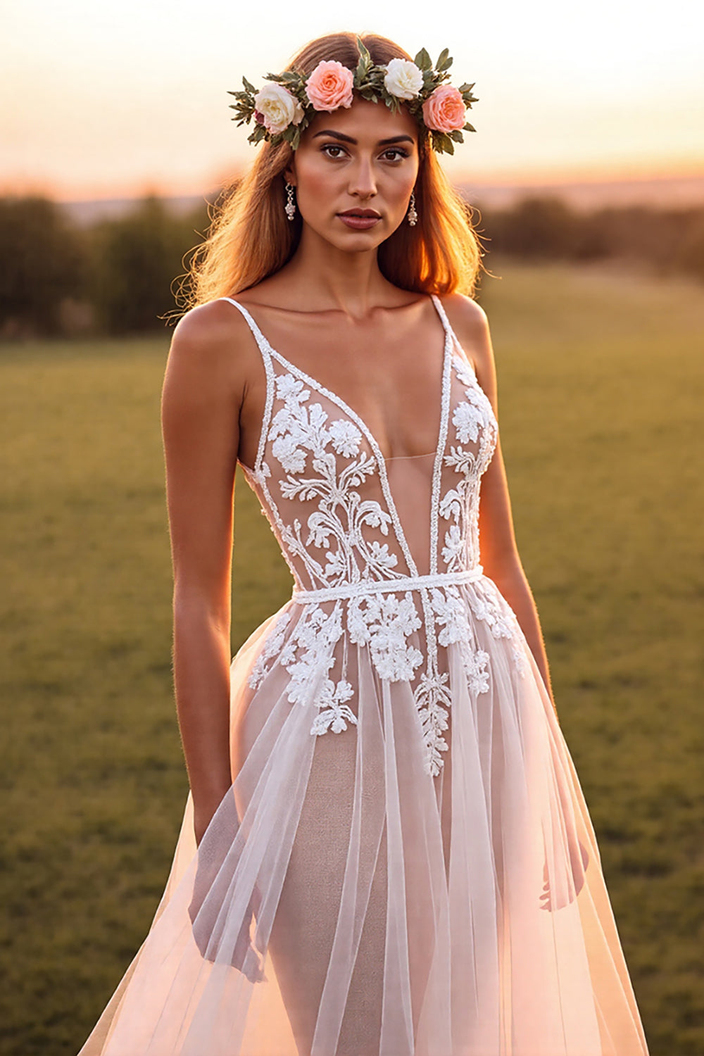 Boho Tulle White Spaghetti Straps Maxi Wedding Dress with Lace
