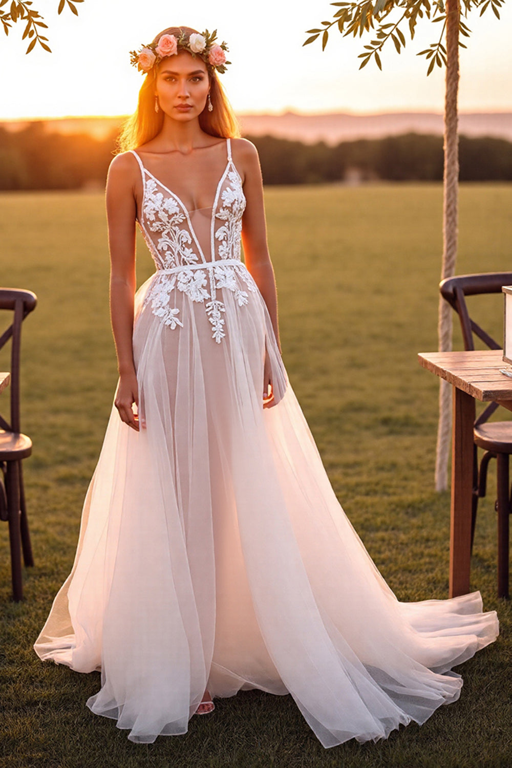 Boho Tulle White Spaghetti Straps Maxi Wedding Dress with Lace