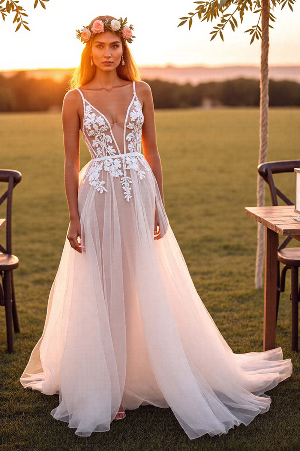 Leely Women White Tulle Maxi A Line Wedding Dress with Lace Spaghetti Straps Bridal Dress