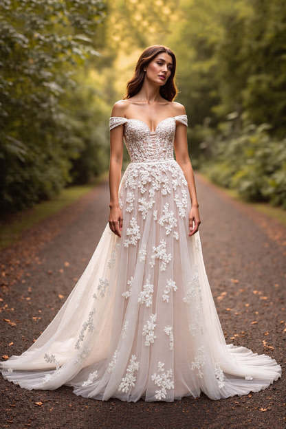Leely Women White Floral A Line Sweep Train Wedding Dress with Appliques Off the Shoulder Tulle Bridal Dress