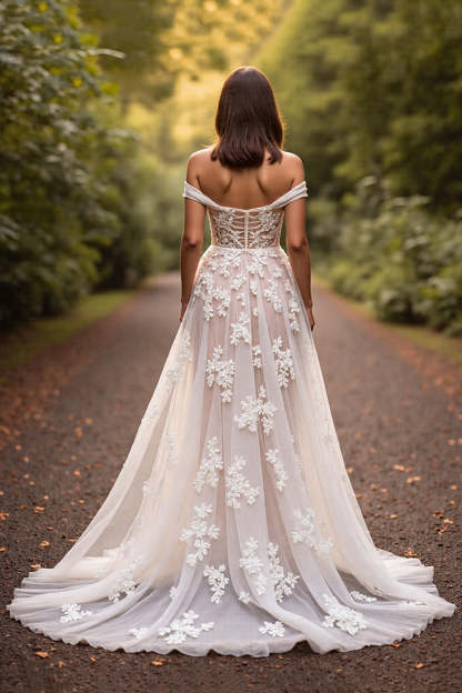 Floral White Sweep Train A Line Wedding Dress with Appliques