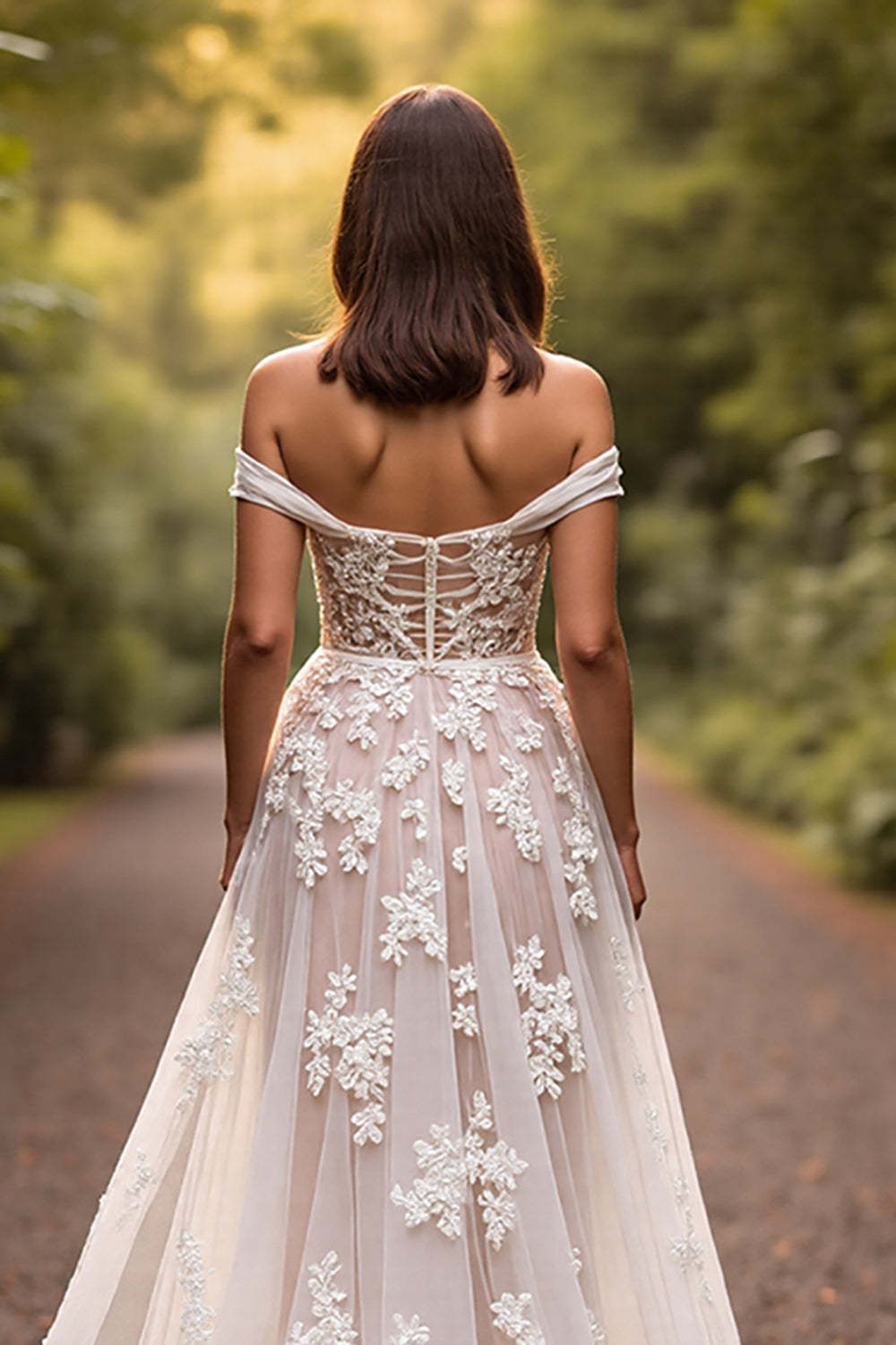 Floral White Sweep Train A Line Wedding Dress with Appliques