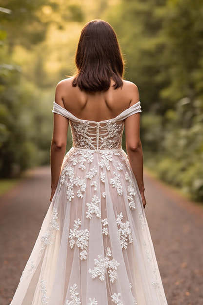 Floral White Sweep Train A Line Wedding Dress with Appliques