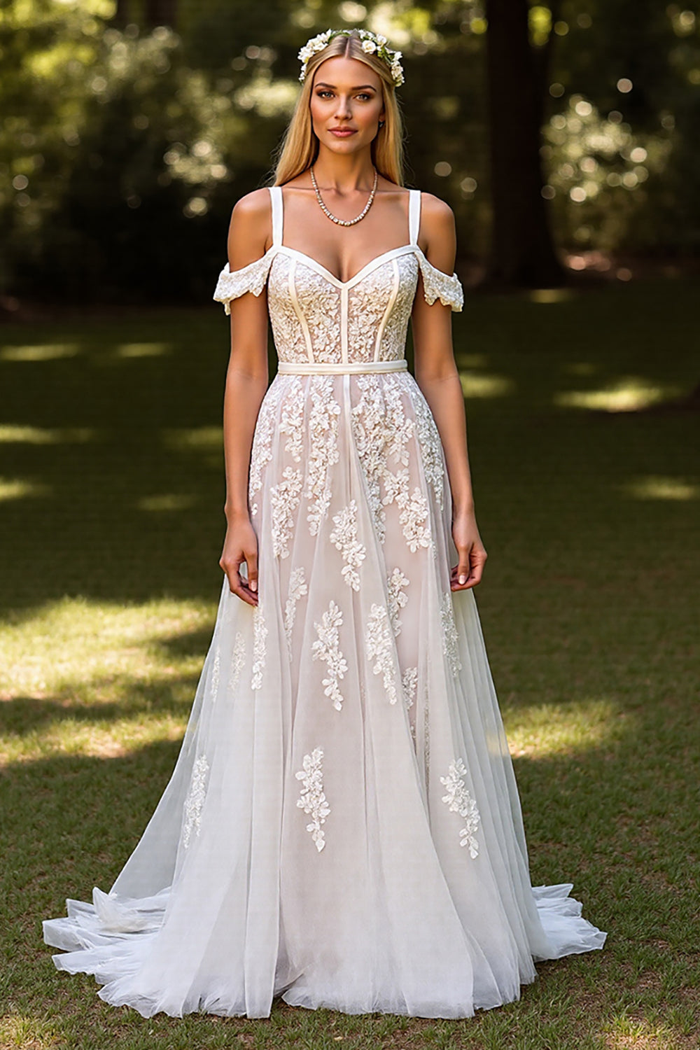 Floral White Corset Sweep Train A Line Wedding Dress with Appliques
