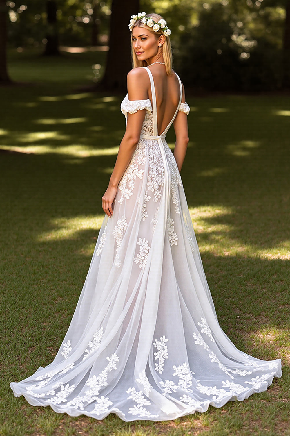 Floral White Corset Sweep Train A Line Wedding Dress with Appliques