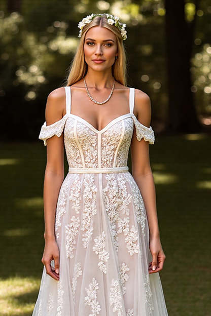 Floral White Corset Sweep Train A Line Wedding Dress with Appliques