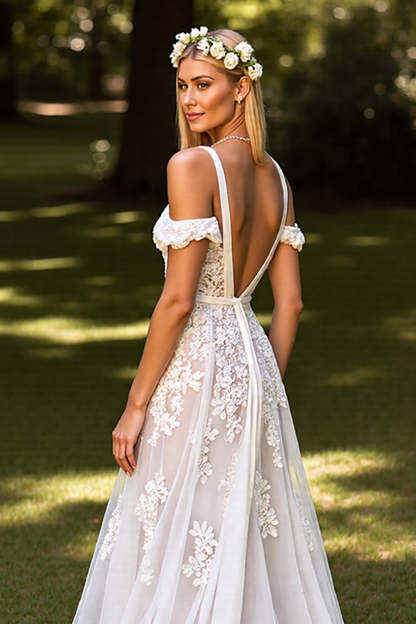 Floral White Corset Sweep Train A Line Wedding Dress with Appliques