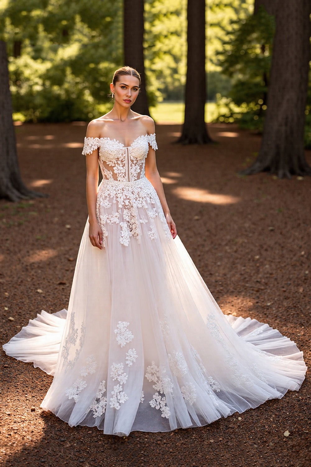Floral Tulle Corset White Sweep Train Wedding Dress with Appliques