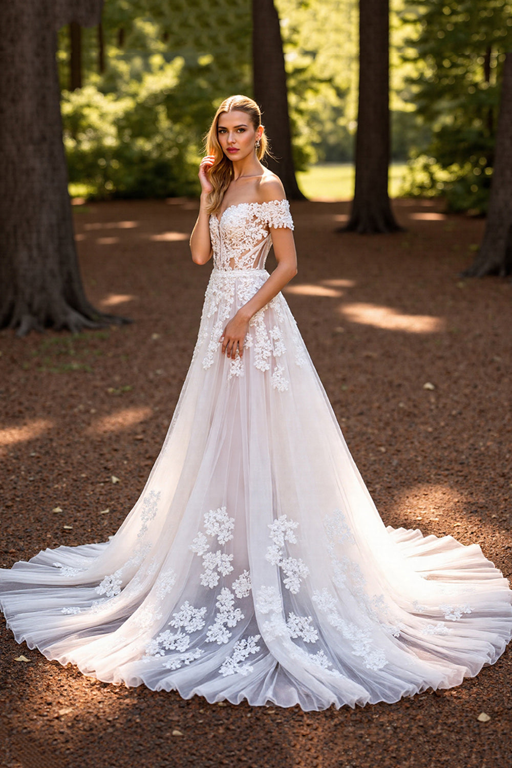 Floral Tulle Corset White Sweep Train Wedding Dress with Appliques