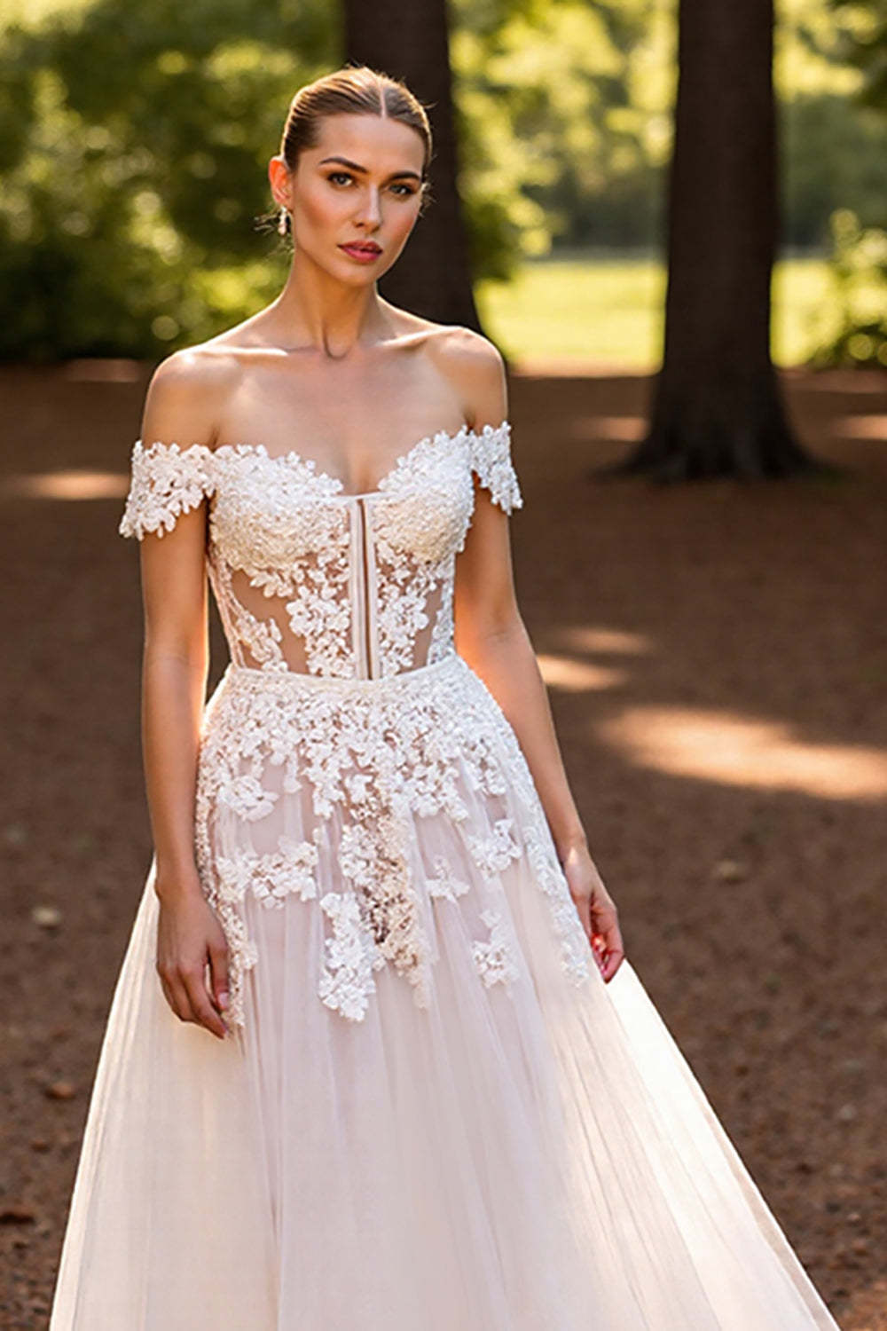 Floral Tulle Corset White Sweep Train Wedding Dress with Appliques