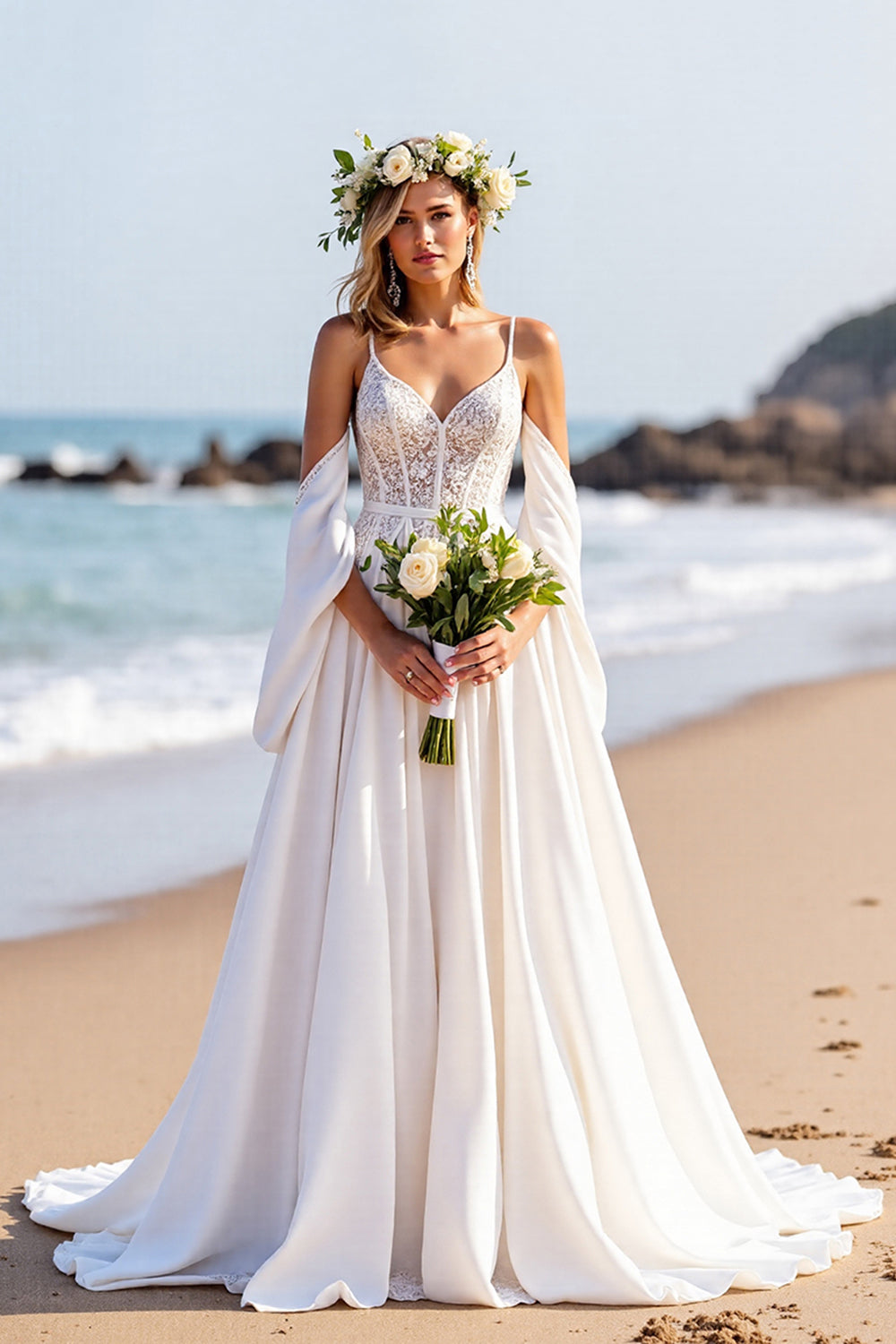 Corset A Line White Sweep Train Beach Wedding Dress with Sleeves
