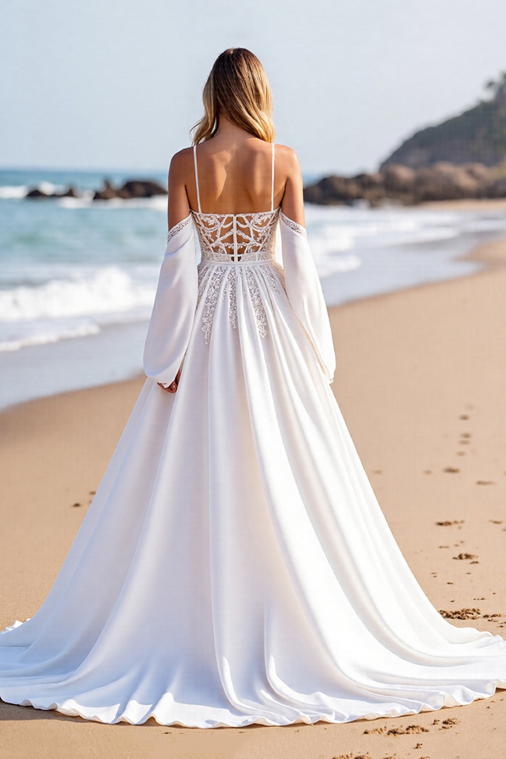 Corset A Line White Sweep Train Beach Wedding Dress with Sleeves