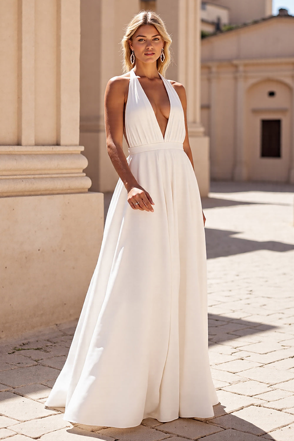Simple Halter White Sweep Train A Line Satin Wedding Dress