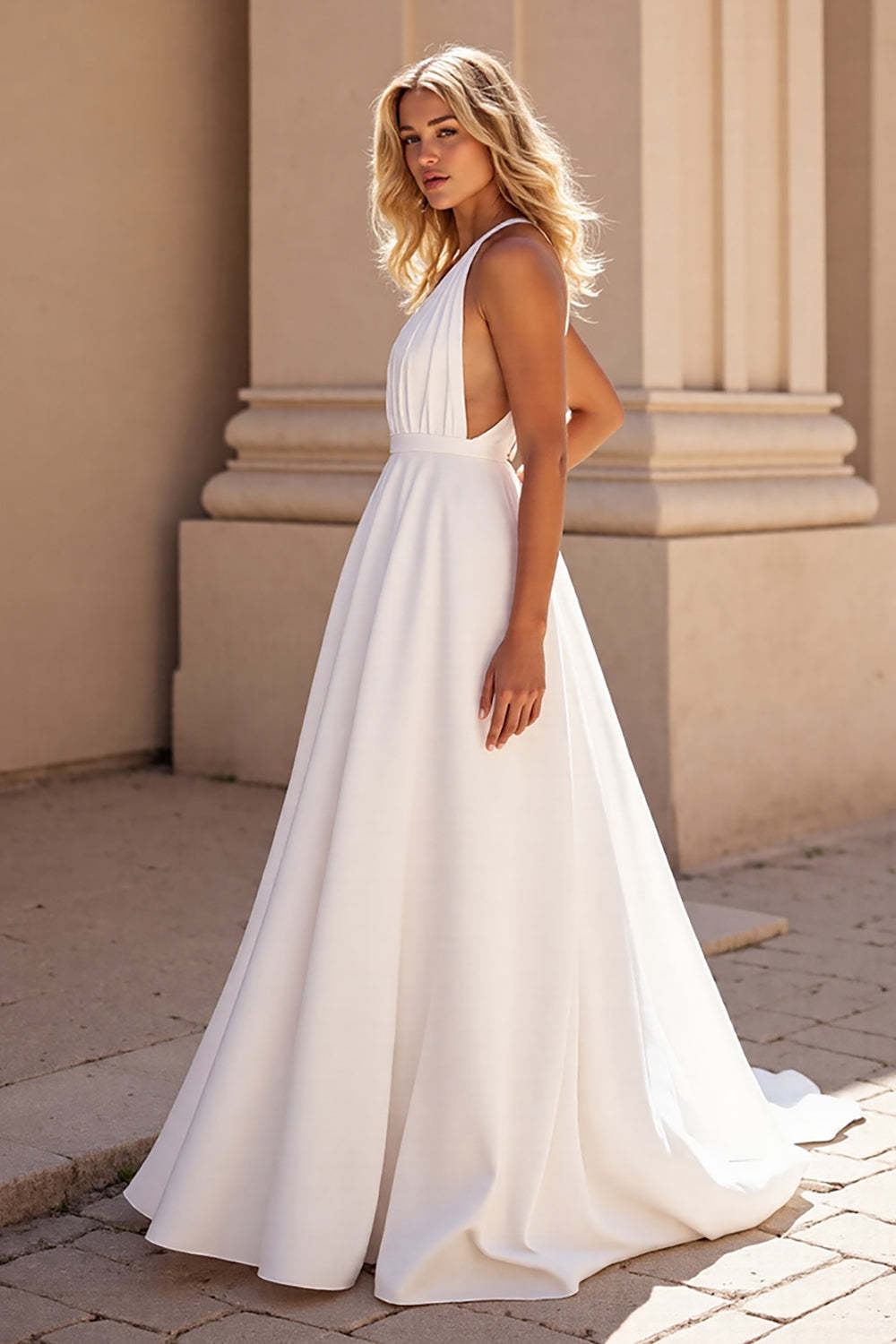 Simple Halter White Sweep Train A Line Satin Wedding Dress