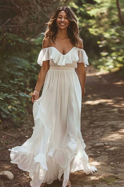 Leely Women White Boho A Line Sweep Train Wedding Dress with Ruffles Chiffon Off the Shoulder Bridal Dress