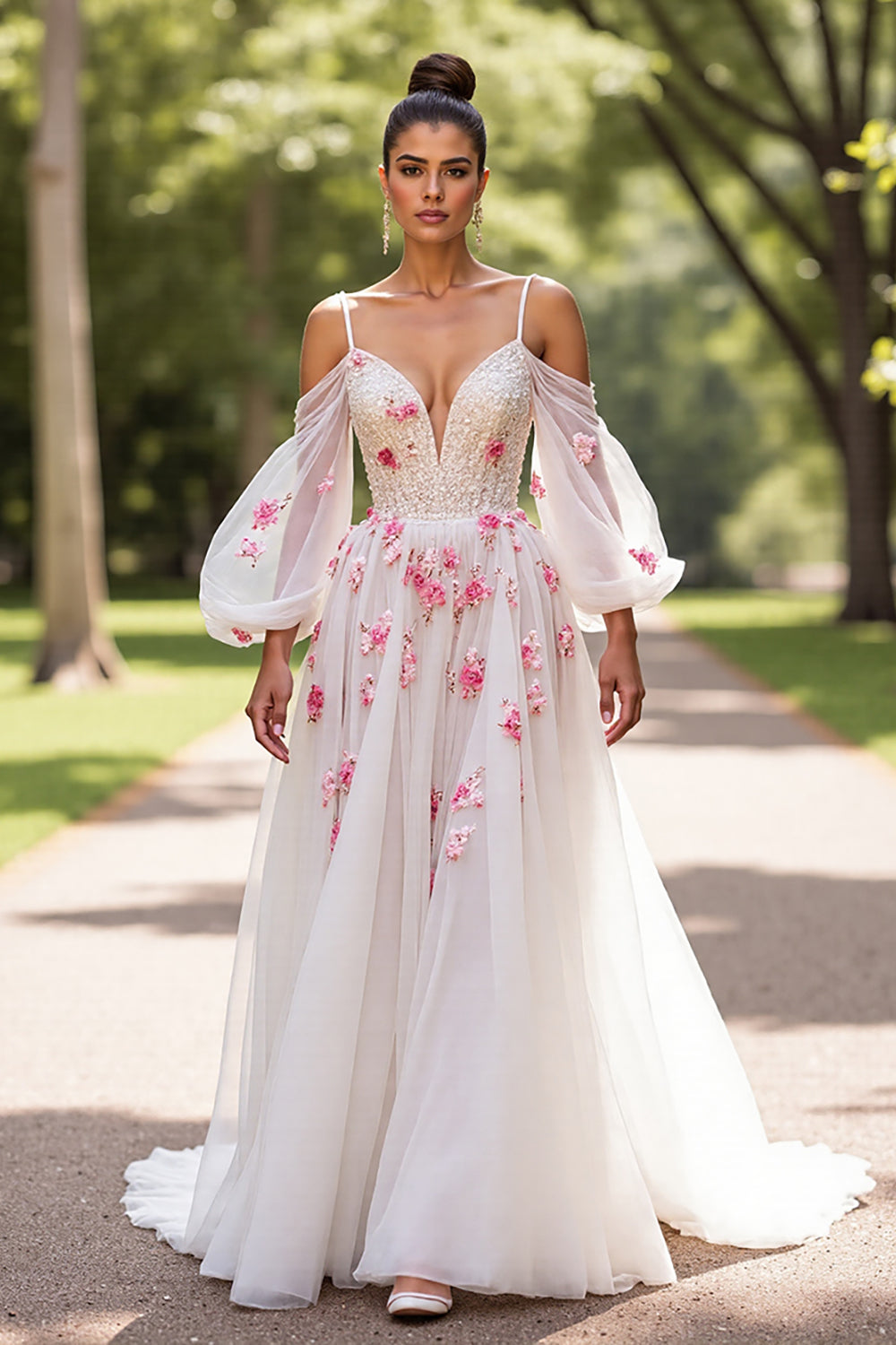 Floral Tulle White Cold Shoulder A Line Wedding Dress with Sleeves