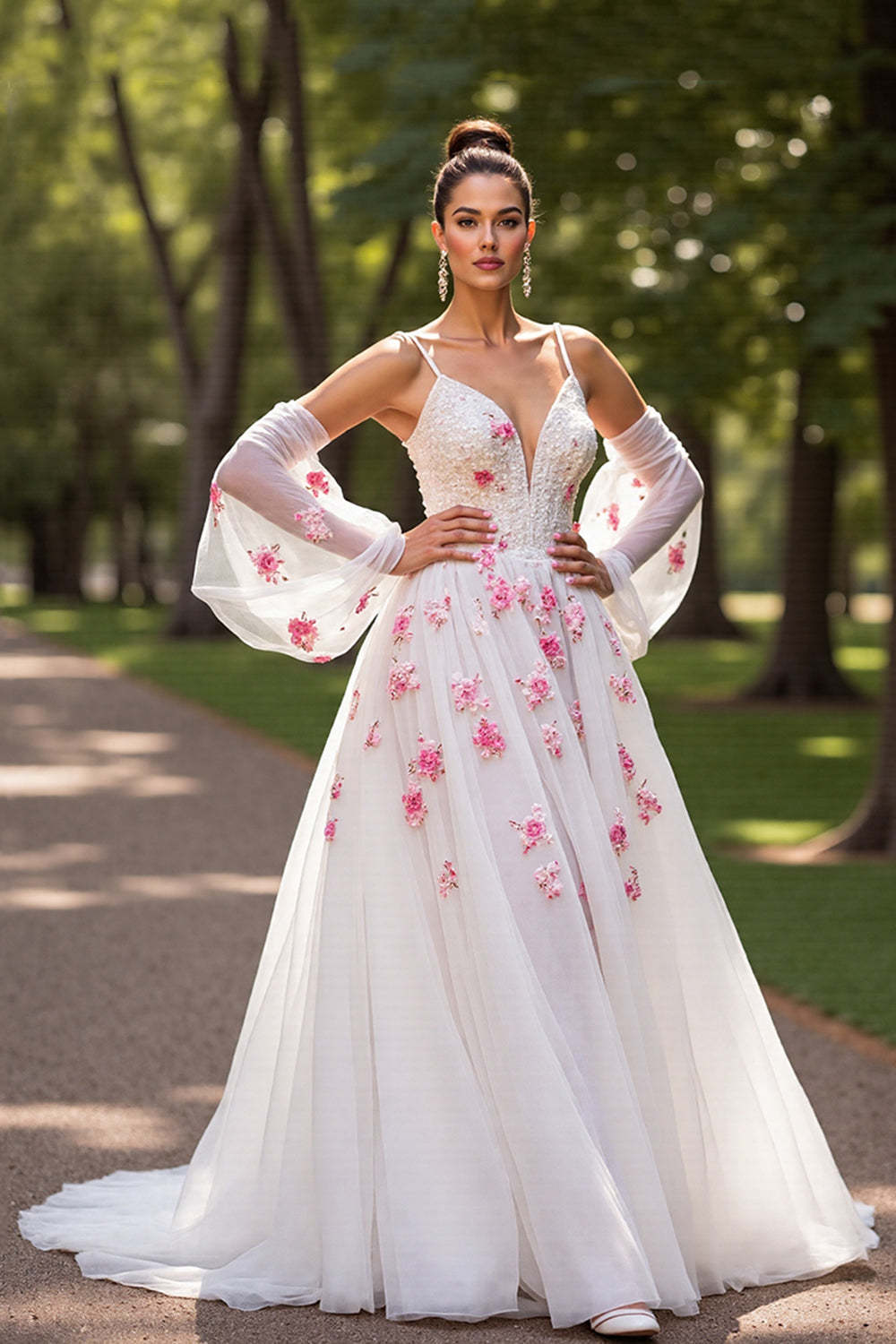 Floral Tulle White Cold Shoulder A Line Wedding Dress with Sleeves