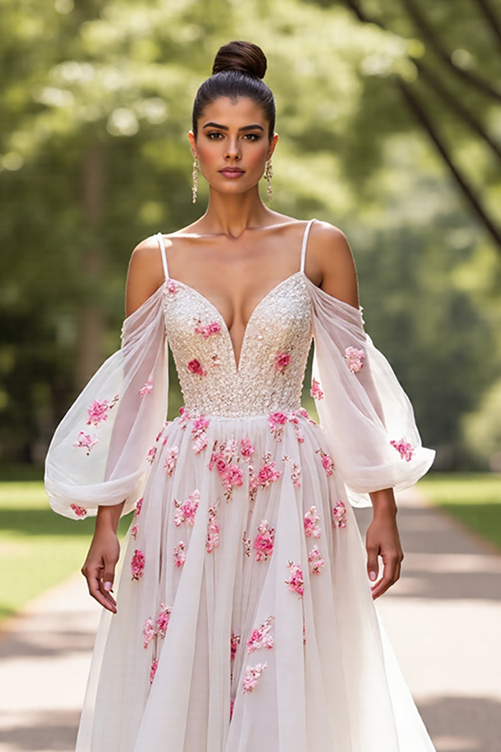 Floral Tulle White Cold Shoulder A Line Wedding Dress with Sleeves