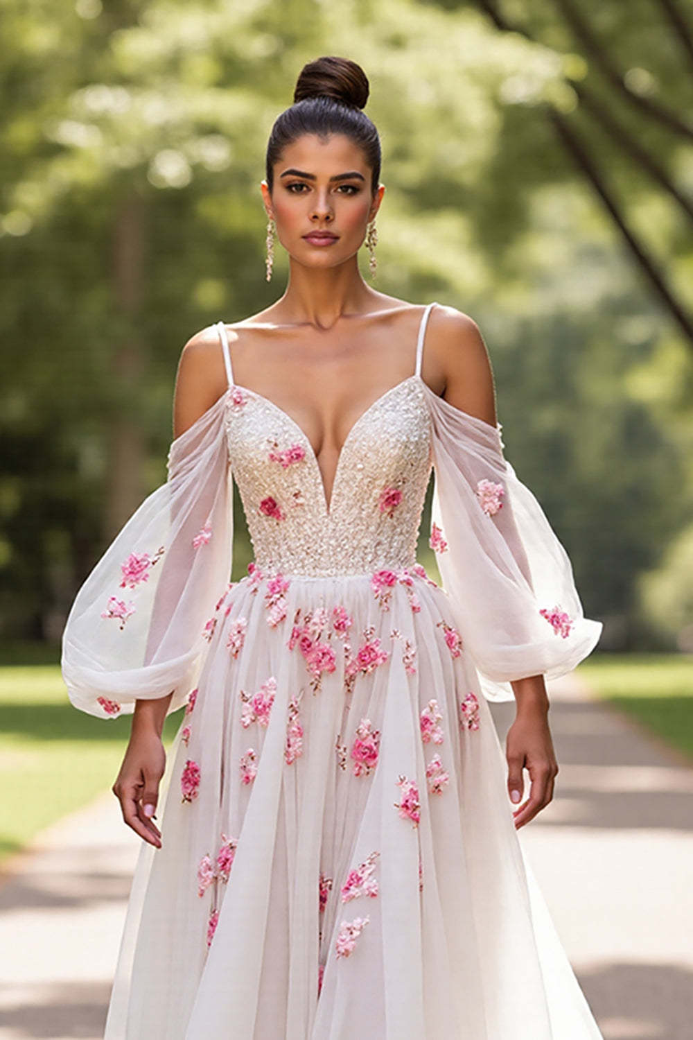 Floral Tulle White Cold Shoulder A Line Wedding Dress with Sleeves