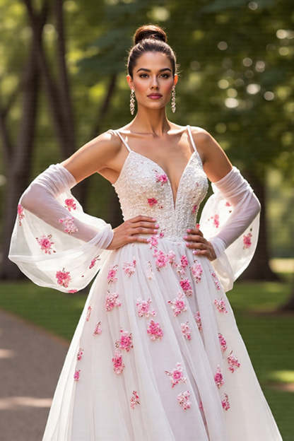 Floral Tulle White Cold Shoulder A Line Wedding Dress with Sleeves
