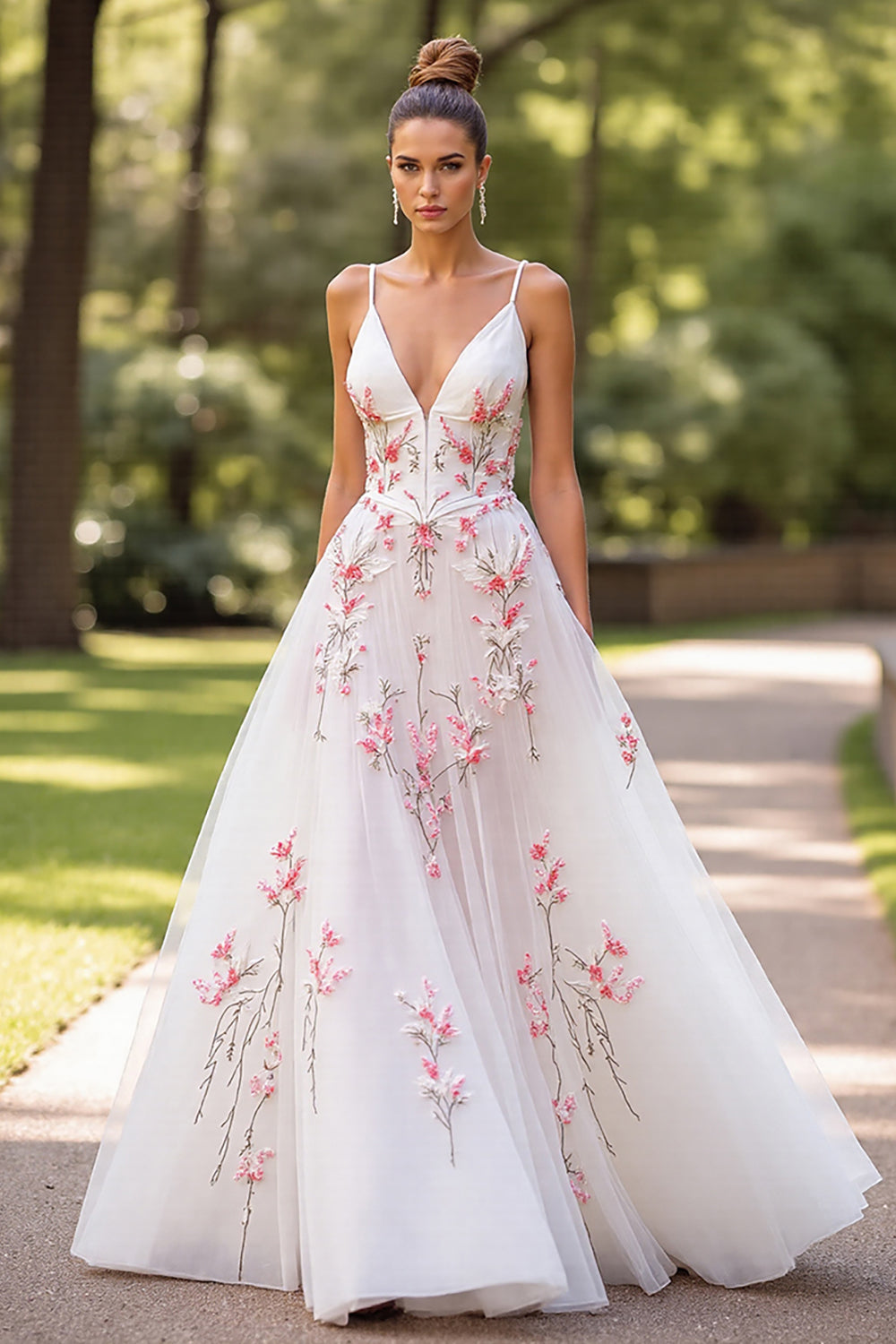 Floral Tulle White Spaghetti Straps A Line Maxi Wedding Dress