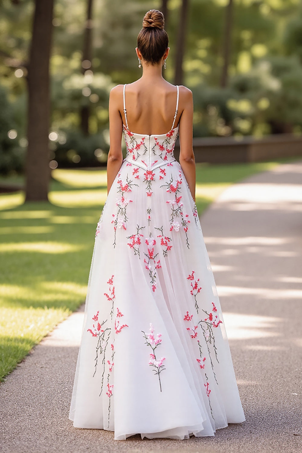 Floral Tulle White Spaghetti Straps A Line Maxi Wedding Dress