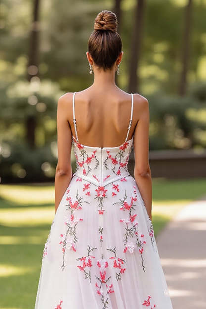 Floral Tulle White Spaghetti Straps A Line Maxi Wedding Dress