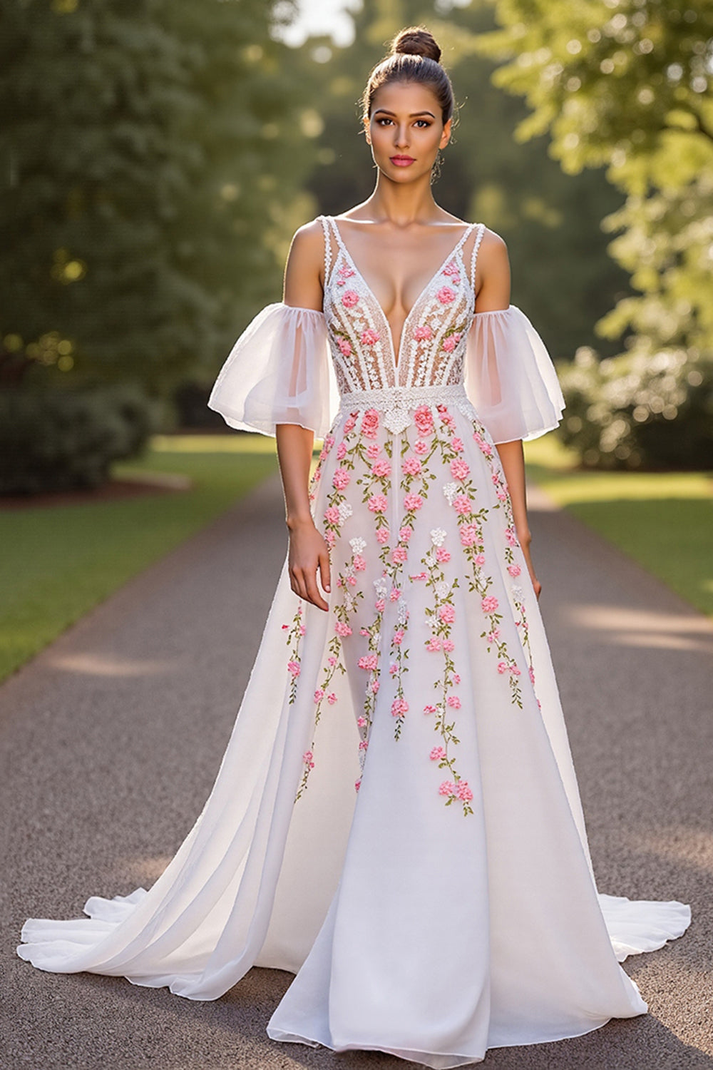 Floral Corset White V-Neck A Line Sweep Train Wedding Dress