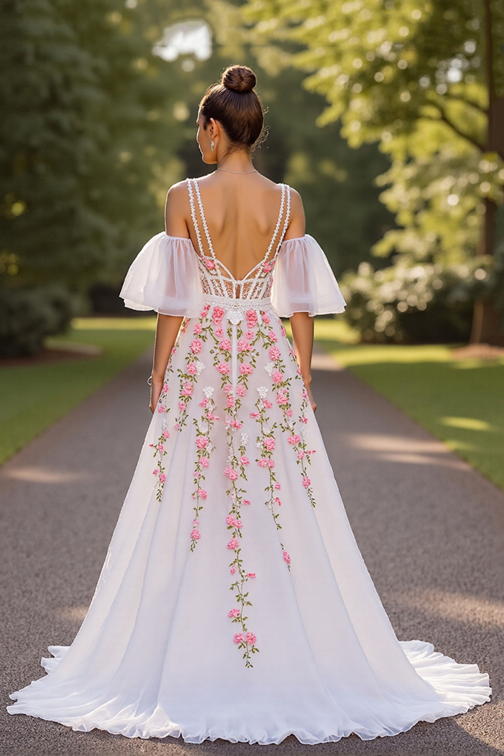 Floral Corset White V-Neck A Line Sweep Train Wedding Dress