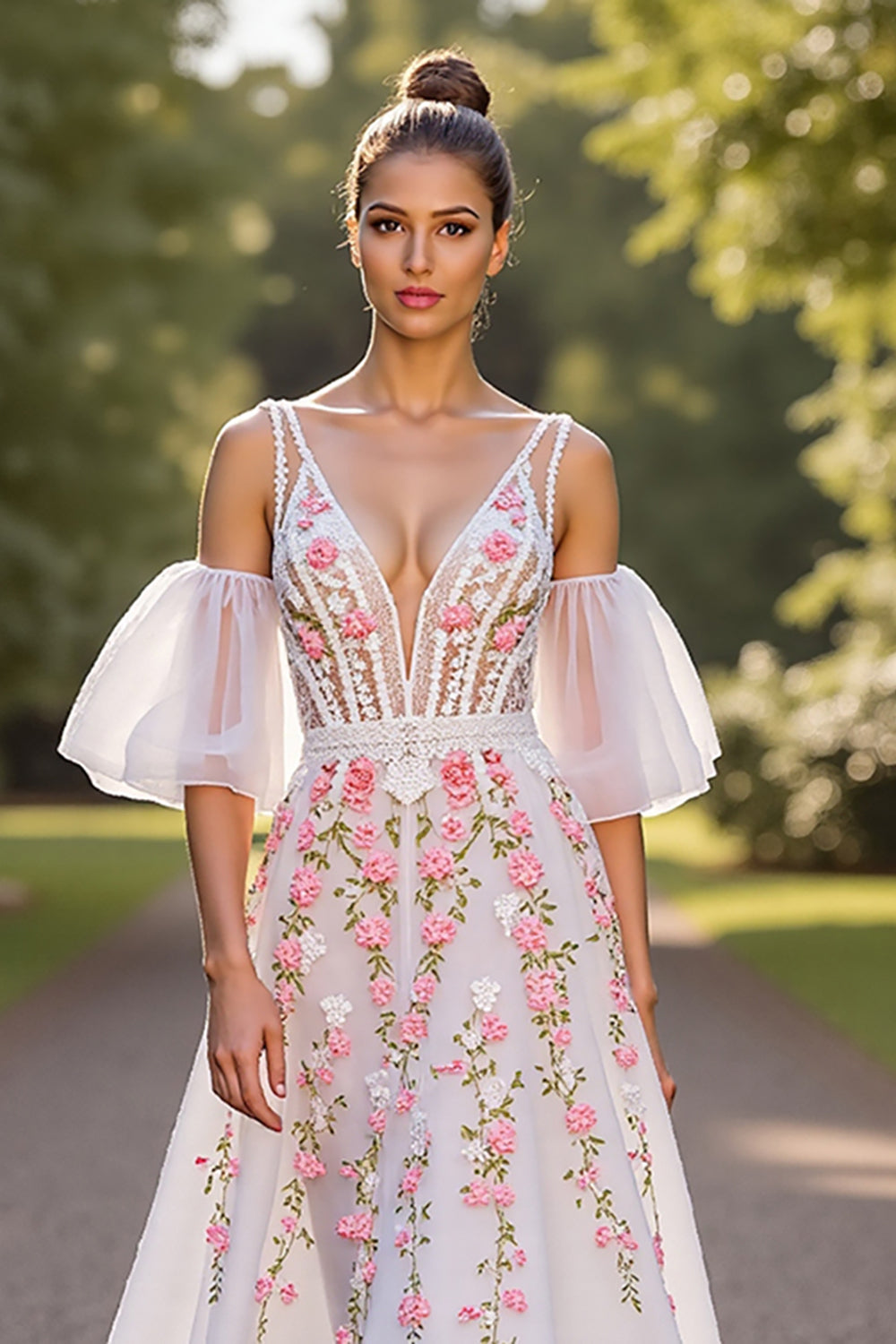 Floral Corset White V-Neck A Line Sweep Train Wedding Dress
