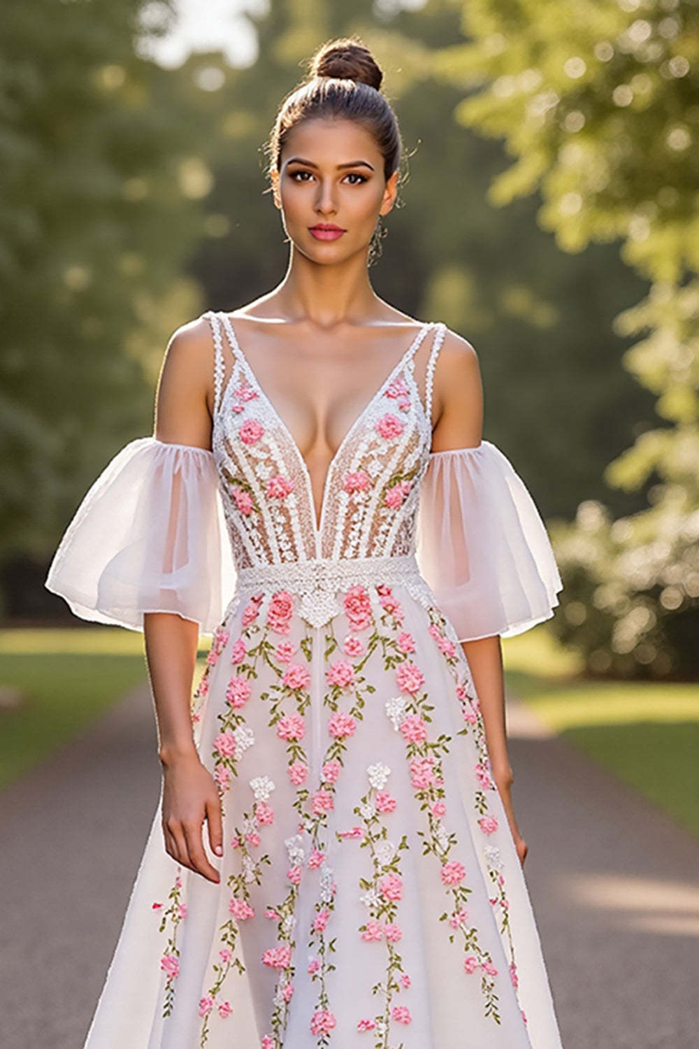 Floral Corset White V-Neck A Line Sweep Train Wedding Dress