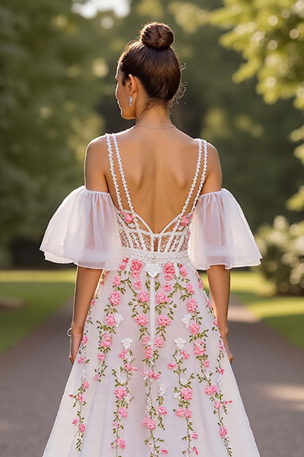 Floral Corset White V-Neck A Line Sweep Train Wedding Dress