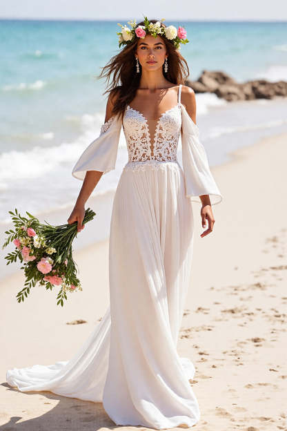 Leely Women White Chiffon Sweep Train Beach Wedding Dress with Sleeves Cold Shoulder Boho Bridal Dress with Lace
