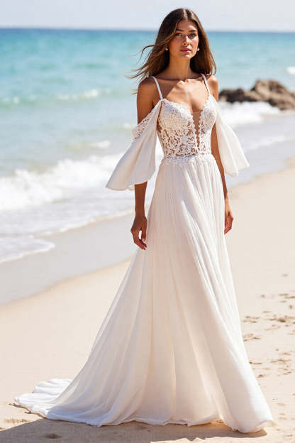 Chiffon Boho White Sweep Train Beach Wedding Dress with Sleeves