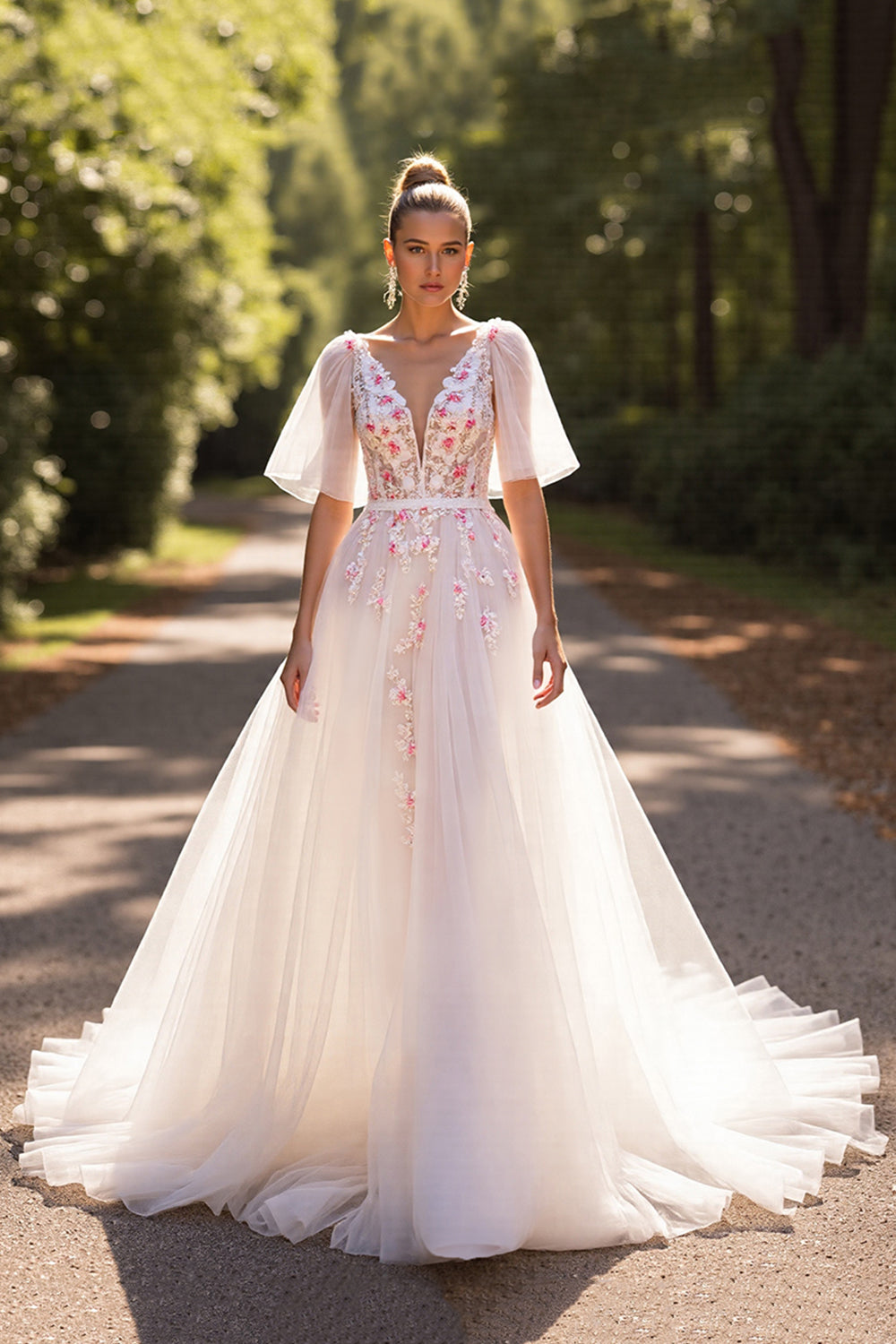 Floral A Line White Half Sleeves Sweep Train Wedding Dress with Appliques