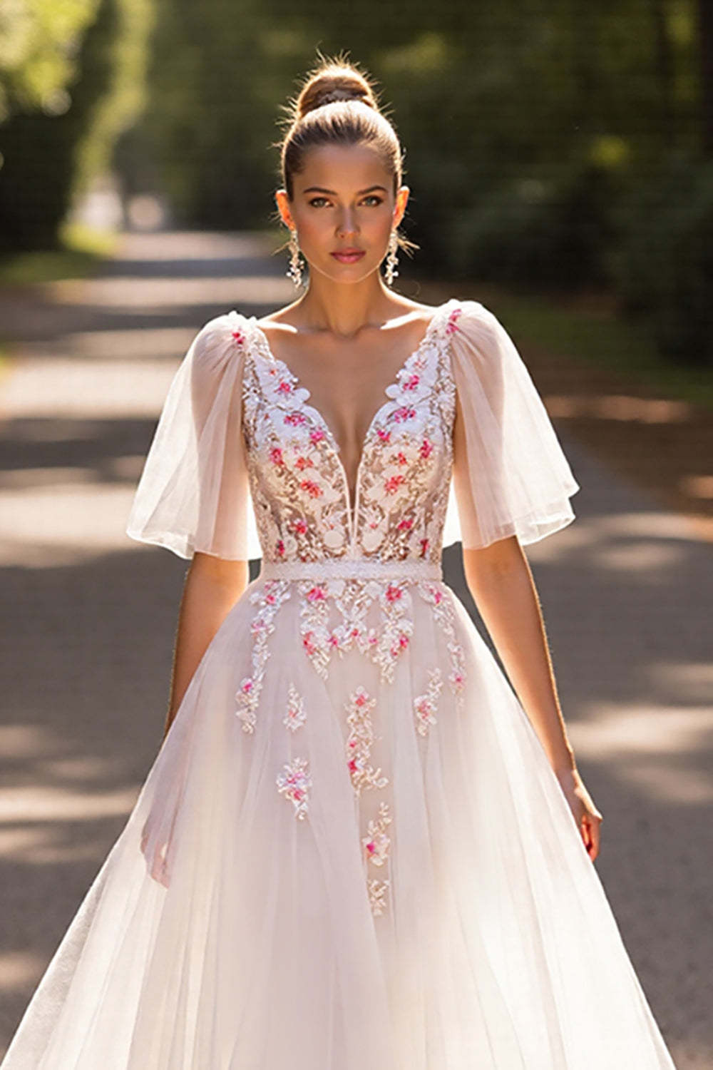 Floral A Line White Half Sleeves Sweep Train Wedding Dress with Appliques