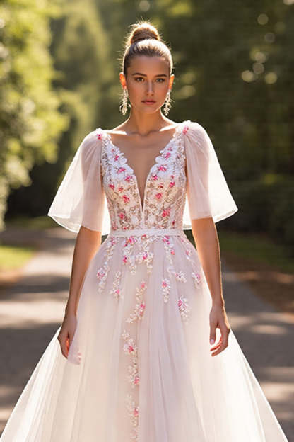 Floral A Line White Half Sleeves Sweep Train Wedding Dress with Appliques