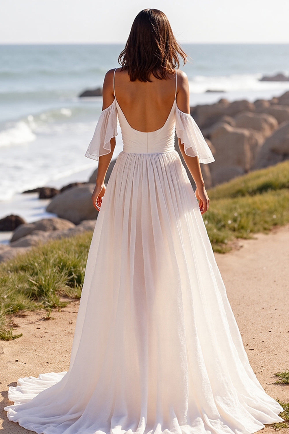 A Line White Chiffon Boho Sweep Train Wedding Dress with Ruffles