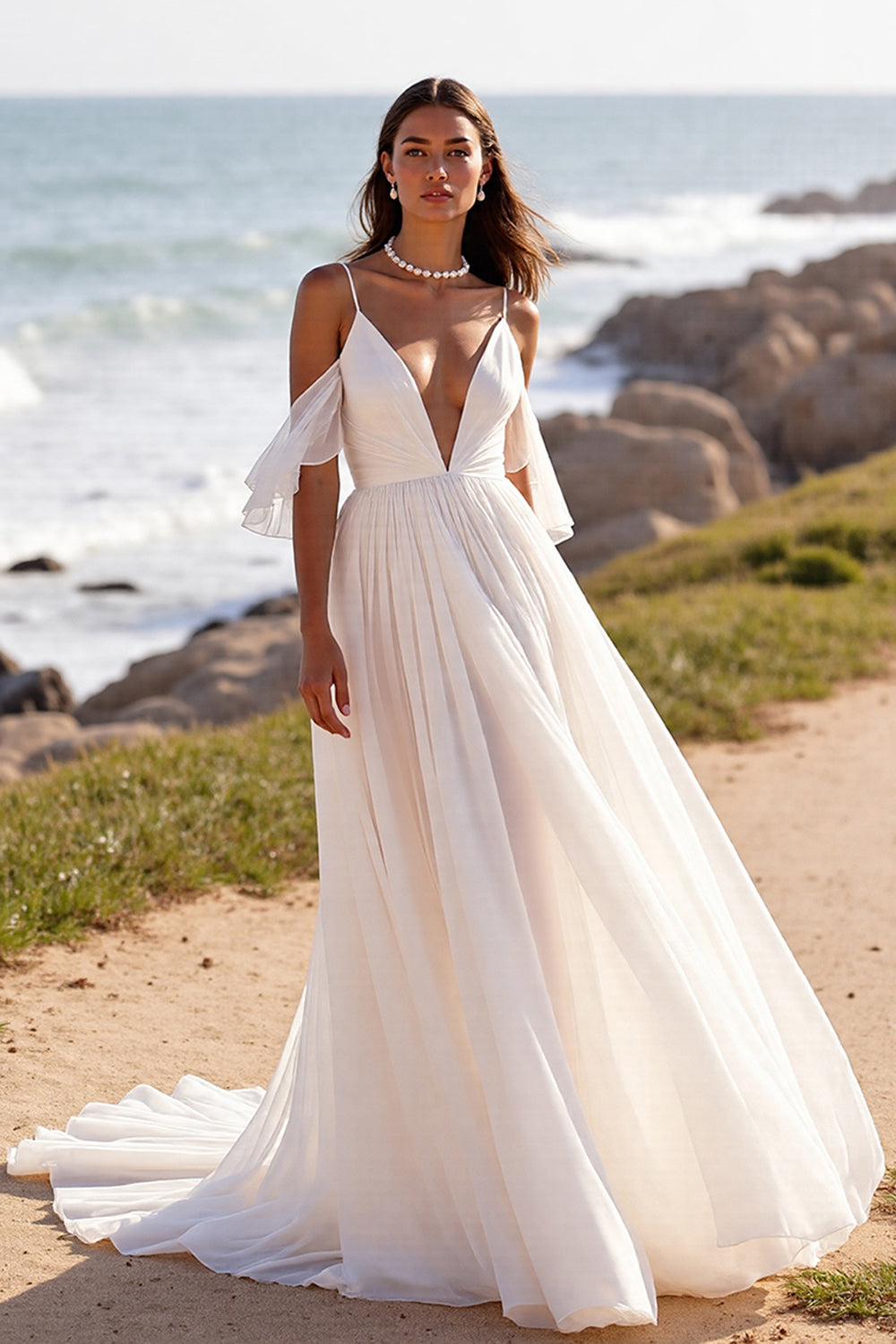A Line White Chiffon Boho Sweep Train Wedding Dress with Ruffles