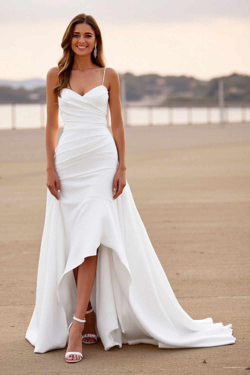 White Satin Ruched Spaghetti Straps Sheath High-Low Wedding Dress