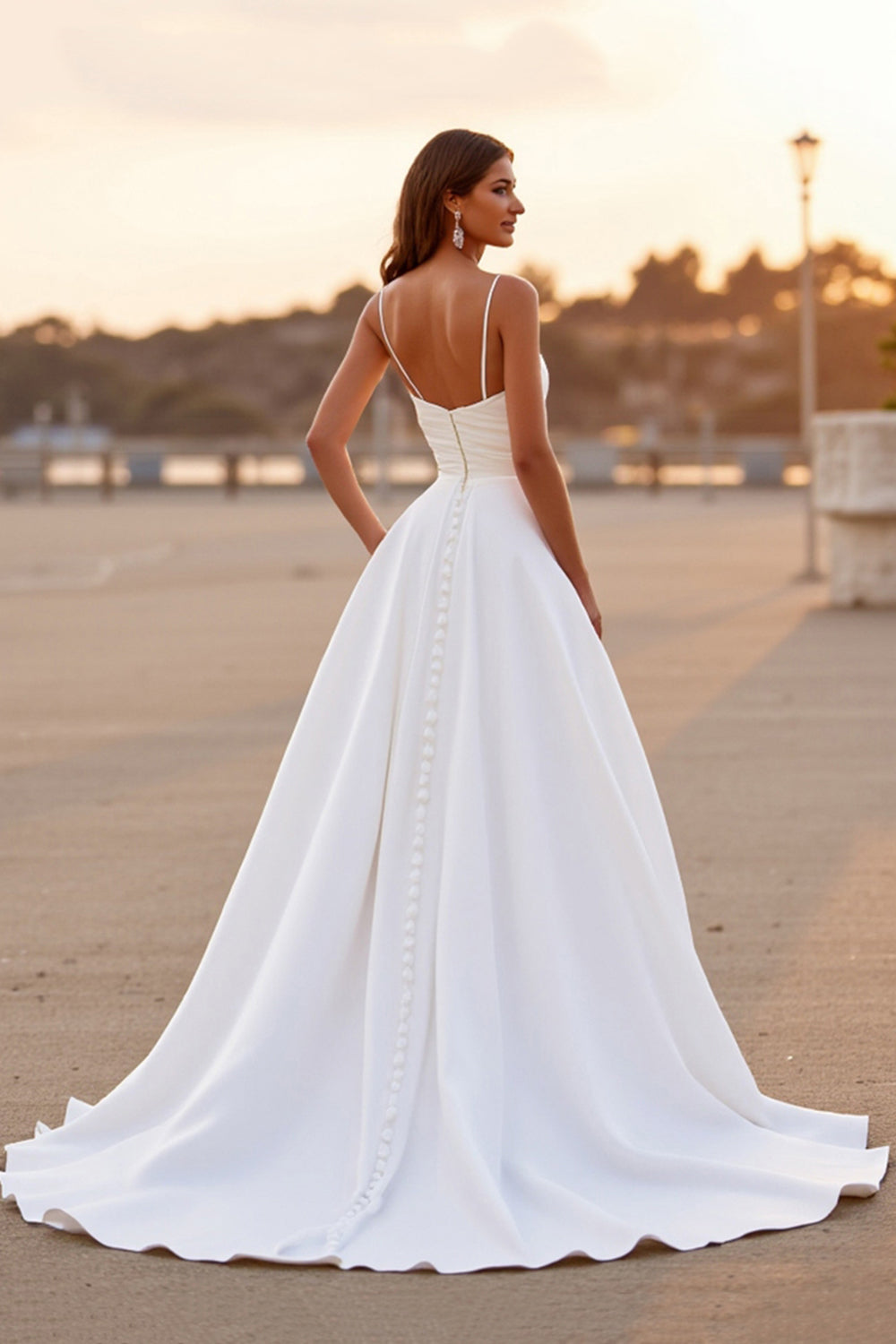 White Satin Ruched Spaghetti Straps Sheath High-Low Wedding Dress