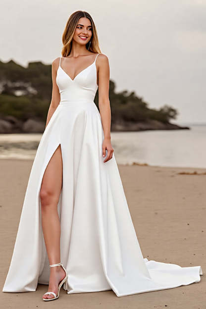 Leely Women White Satin A Line Sweep Train Wedding Dress with Slit Backless Spaghetti Straps Bridal Dress