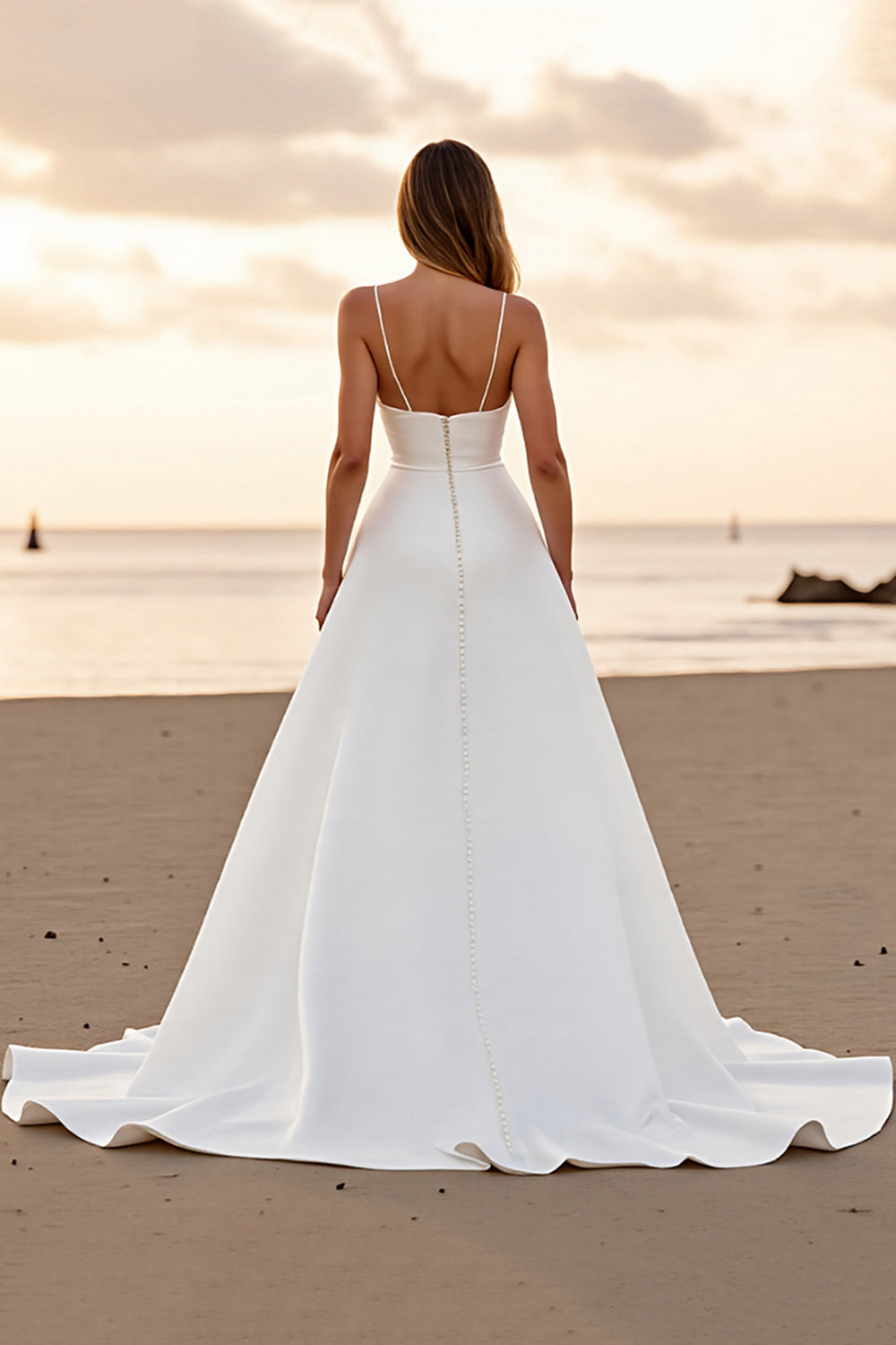 Satin A Line Spaghetti Straps White Sweep Train Wedding Dress with Slit