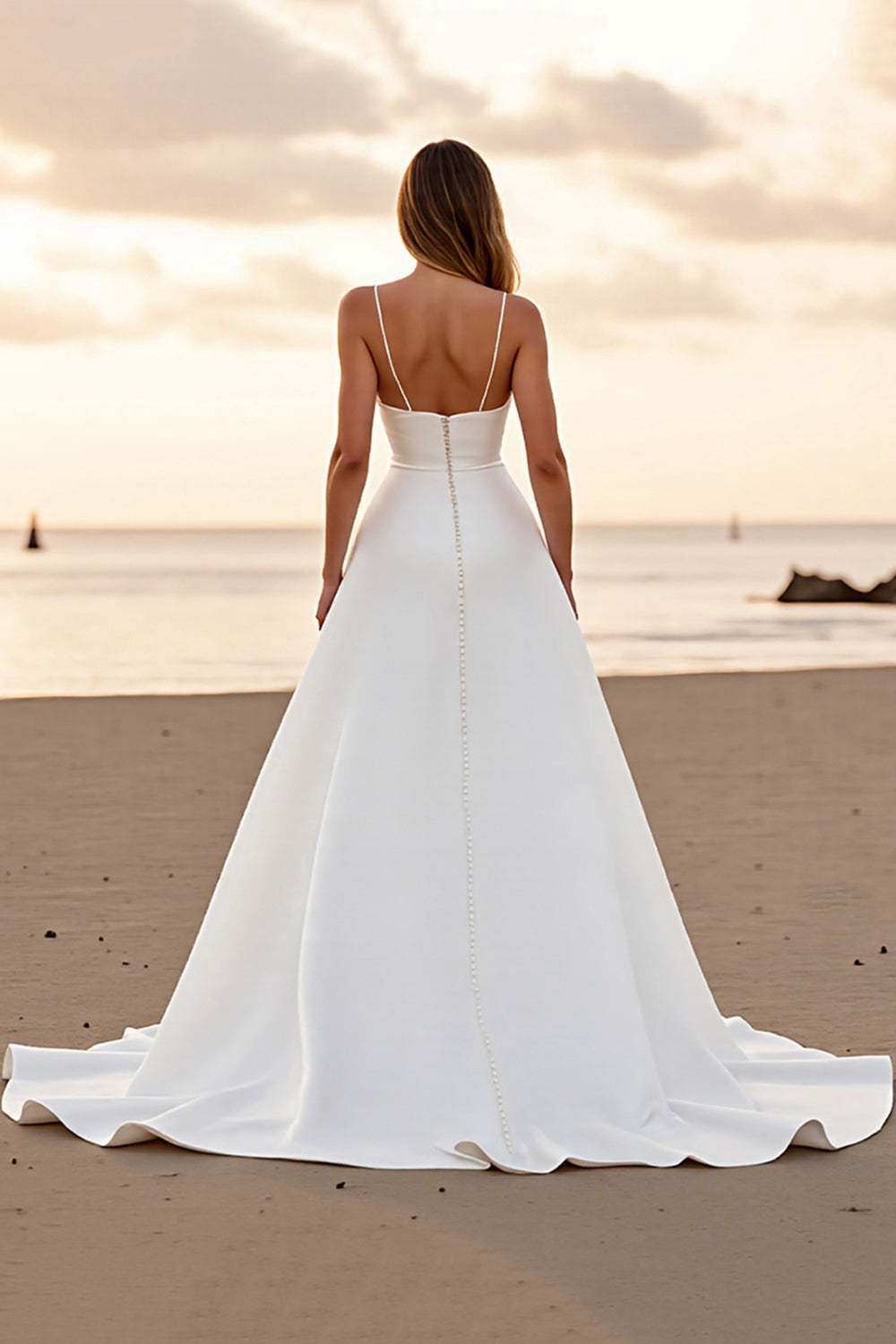 Satin A Line Spaghetti Straps White Sweep Train Wedding Dress with Slit